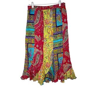 Vintage Patchwork Multicolor Midi Skirt Crinkle Cut Ruffle Hem Size Medium